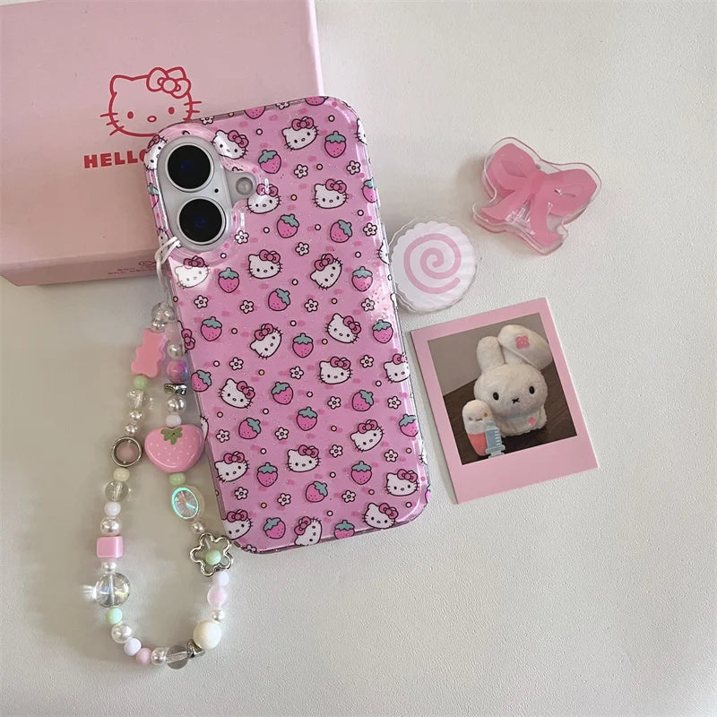 Cute Strawberry Cartoon Hello Kitty Bling Glitte Phone Case For iPhone 13 14 15 16Pro Max 3D Flower KT Wrist Strap Protect Cover