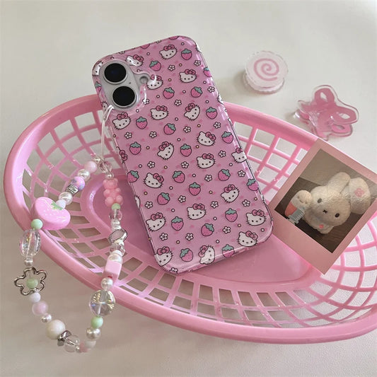 Cute Strawberry Cartoon Hello Kitty Bling Glitte Phone Case For iPhone 13 14 15 16Pro Max 3D Flower KT Wrist Strap Protect Cover
