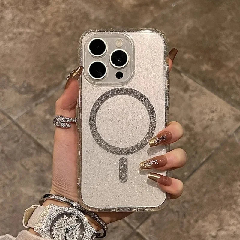 Luxury Glitter for Magsafe Magnetic Phone Case for iPhone 16 15 14 12 13 15 Pro Max Wireless Charging Clear Soft TPU Cover