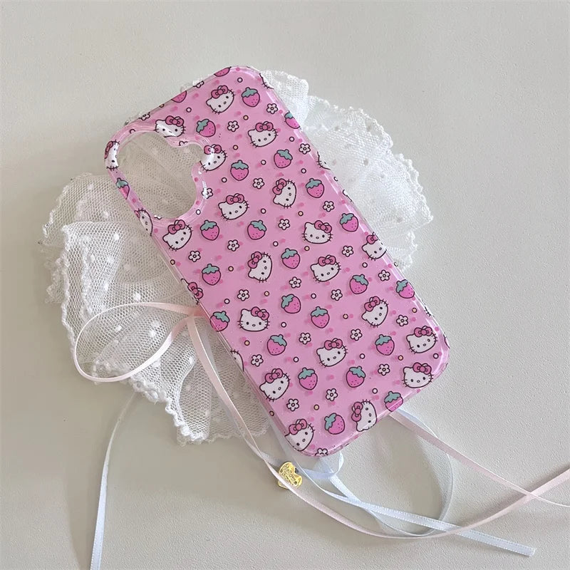 Cute Strawberry Cartoon Hello Kitty Bling Glitte Phone Case For iPhone 13 14 15 16Pro Max 3D Flower KT Wrist Strap Protect Cover