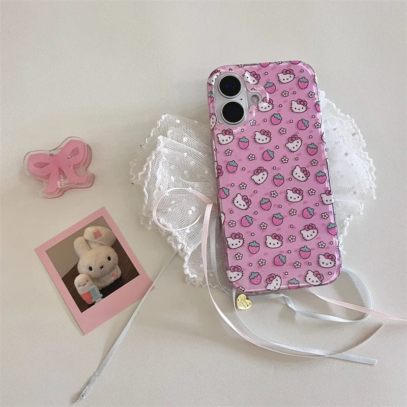 Cute Strawberry Cartoon Hello Kitty Bling Glitte Phone Case For iPhone 13 14 15 16Pro Max 3D Flower KT Wrist Strap Protect Cover
