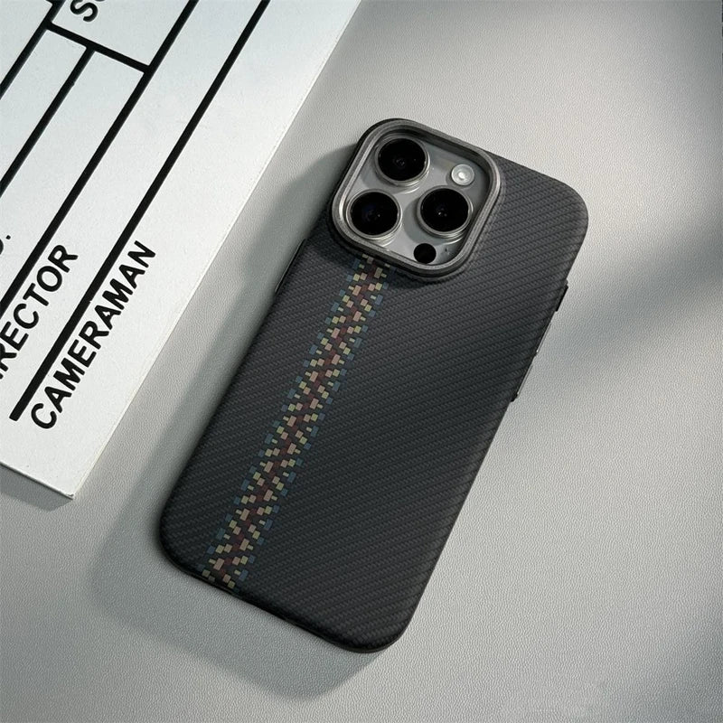 Carbon Fibre Wireless Charging for MagSafe Phone Case for iPhone 17 Pro 16 14 15Pro Max 15 13 12 Alloy Lens Hit Color Hard Cover