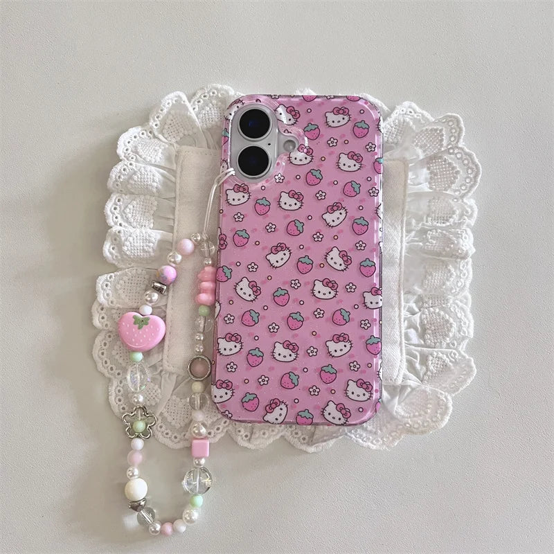 Cute Strawberry Cartoon Hello Kitty Bling Glitte Phone Case For iPhone 13 14 15 16Pro Max 3D Flower KT Wrist Strap Protect Cover