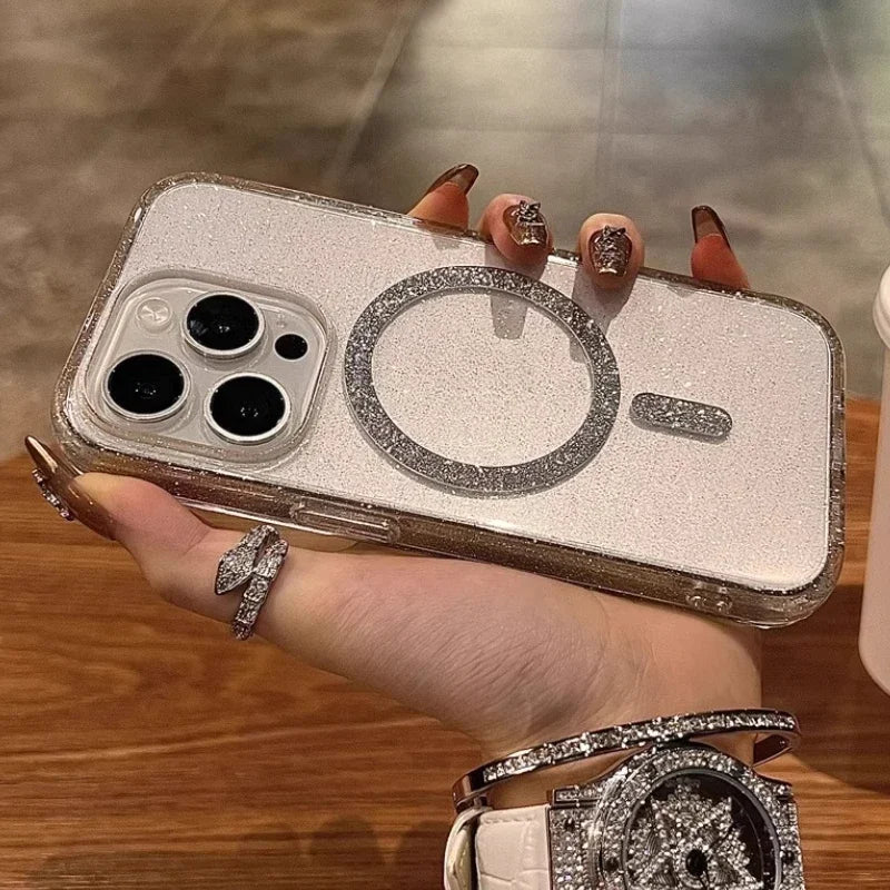 Luxury Glitter for Magsafe Magnetic Phone Case for iPhone 16 15 14 12 13 15 Pro Max Wireless Charging Clear Soft TPU Cover