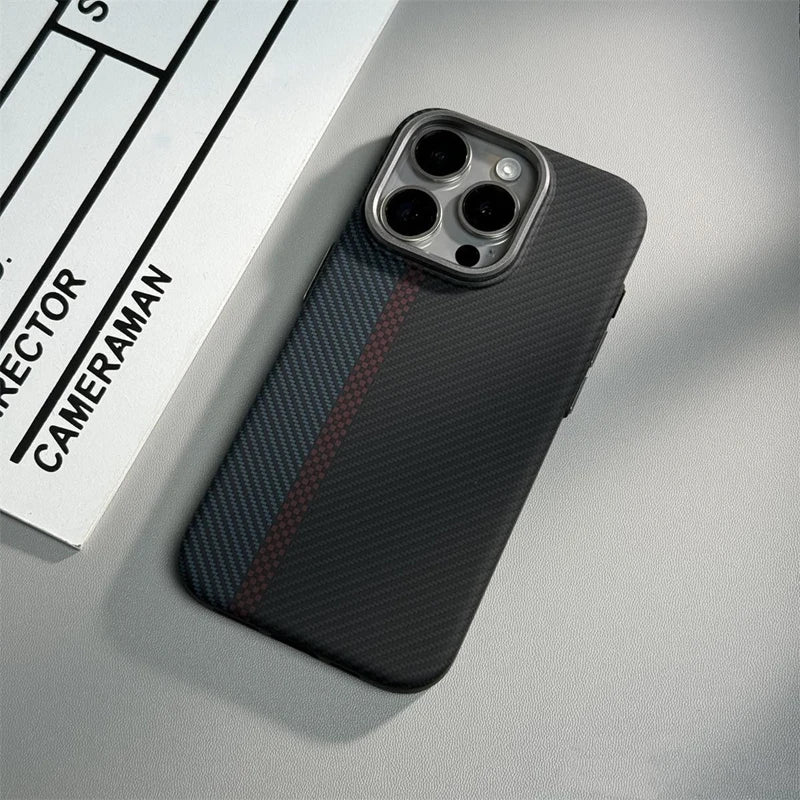 Carbon Fibre Wireless Charging for MagSafe Phone Case for iPhone 17 Pro 16 14 15Pro Max 15 13 12 Alloy Lens Hit Color Hard Cover