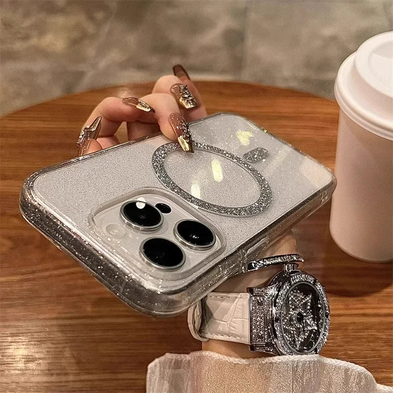 Luxury Glitter for Magsafe Magnetic Phone Case for iPhone 16 15 14 12 13 15 Pro Max Wireless Charging Clear Soft TPU Cover