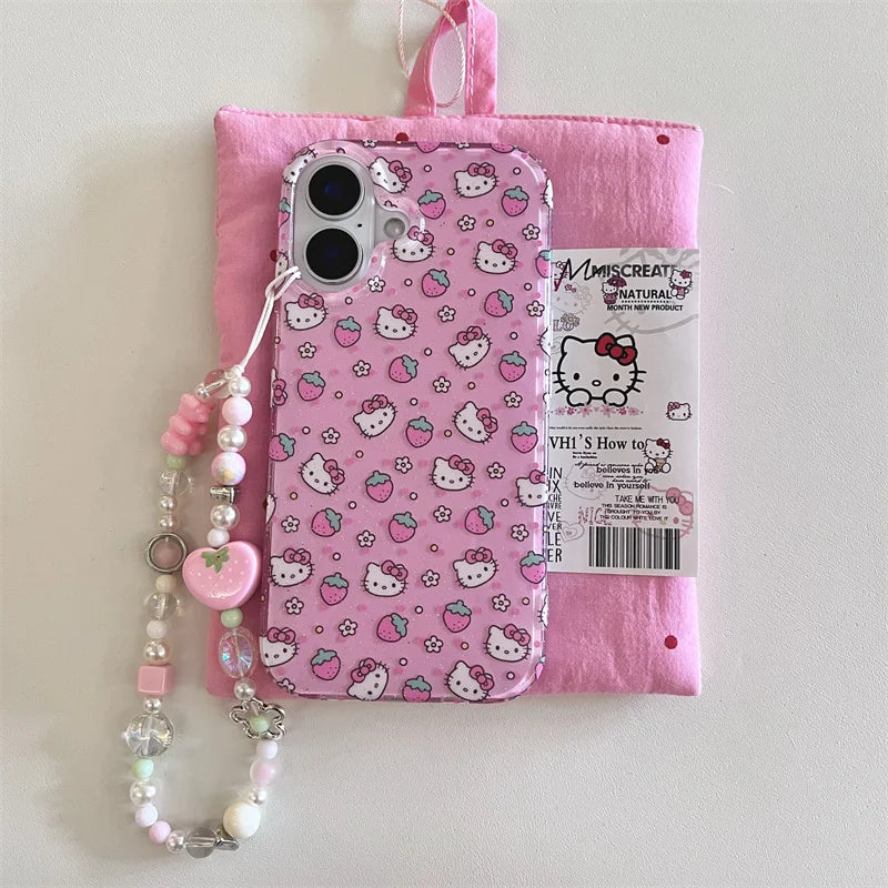 Cute Strawberry Cartoon Hello Kitty Bling Glitte Phone Case For iPhone 13 14 15 16Pro Max 3D Flower KT Wrist Strap Protect Cover