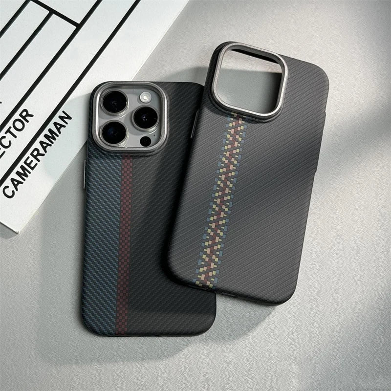 Carbon Fibre Wireless Charging for MagSafe Phone Case for iPhone 17 Pro 16 14 15Pro Max 15 13 12 Alloy Lens Hit Color Hard Cover