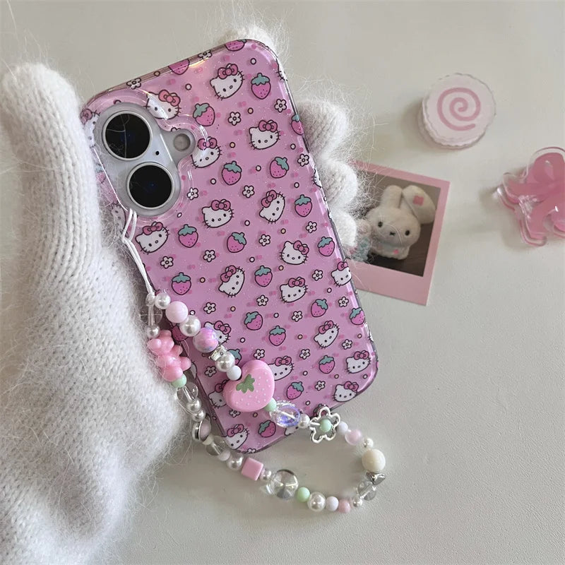 Cute Strawberry Cartoon Hello Kitty Bling Glitte Phone Case For iPhone 13 14 15 16Pro Max 3D Flower KT Wrist Strap Protect Cover