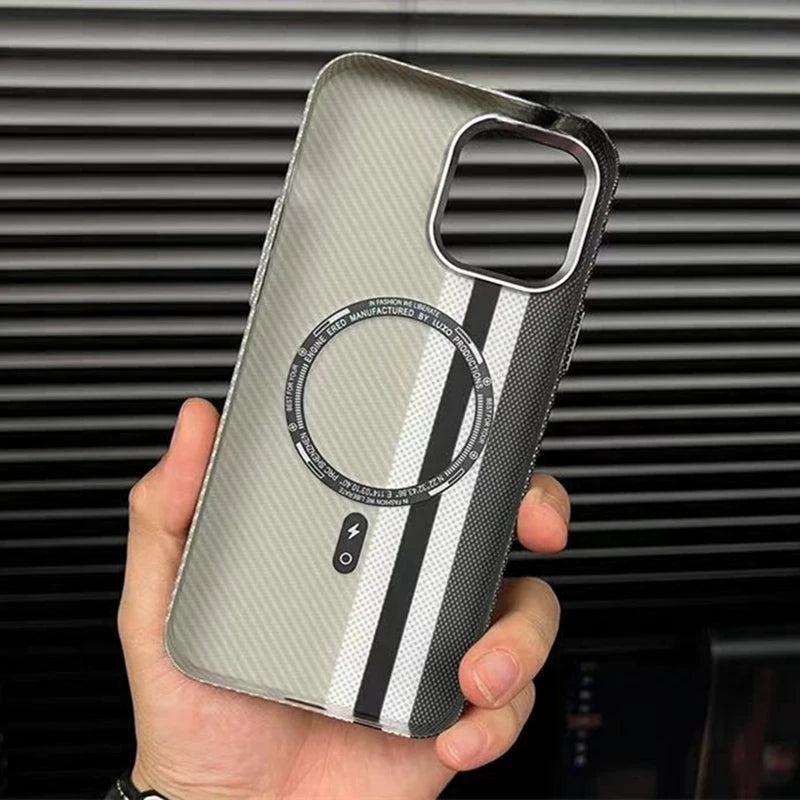 Carbon Fibre Wireless Charging for MagSafe Phone Case for iPhone 17 Pro 16 14 15Pro Max 15 13 12 Alloy Lens Hit Color Hard Cover